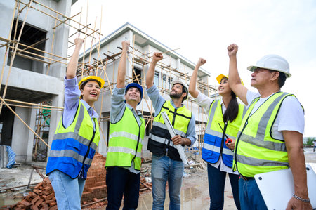 Group of contractors, engineers and formats in safety vests with helmets hands up to work together to successfully complete a construction project on construction site. cooperation and success conceptの写真素材