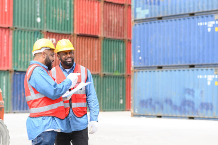 Two African American logistic workers wearing reflective vests and white helmets talk about logistics operations at shipping container yard. Transportation import and export logistic industry conceptの写真素材