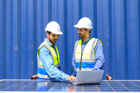 container operators wearing helmets and safety vests meeting about logistics operations with laptop computer at container yards. Colleagues Talk About Logistics Operationsの写真素材