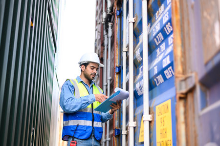 Foreman or Engineer wears white helmet and reflection shirt to control or check inventory details of...