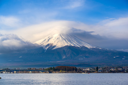 Fuji mountain at Lake Kawaguchiko in Yamanashi, Japan. Mount Fujisan with cloud cap on the peak in the morningの写真素材