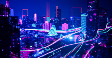 Smart city with speed line glowing light trail surround the city. big data connection technology conceptの写真素材