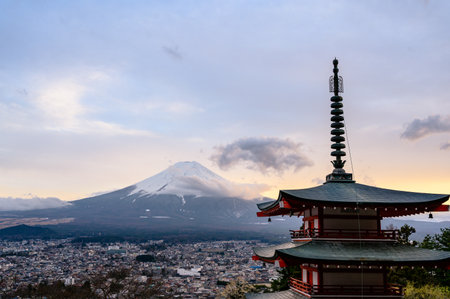 View of the Chureito Pagoda and Mount Fuji landscapes at sunset. Beautiful landscapes, Mount Fujisan view in Arakurayama Sengen Park in Japanの写真素材