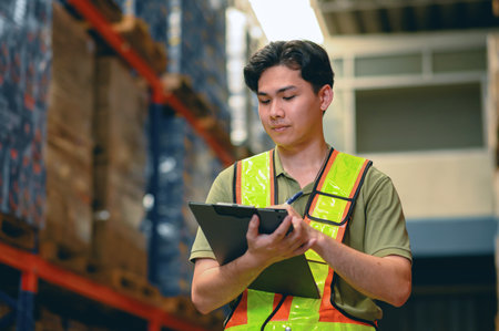 Asian man warehouse managers checking stock in workplace warehouse. industry logistic export import distribution conceptの写真素材