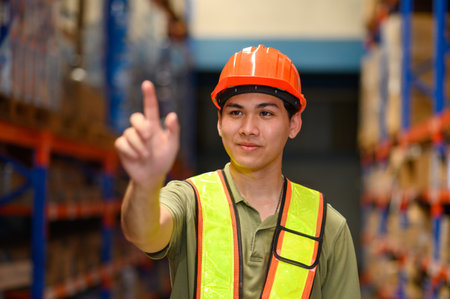 Industrial warehouse worker wearing safety helmet and reflective vest pointing forward inside storage area. Concept of logistics, warehouse management, and industrialの写真素材