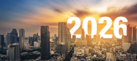 Modern city skyline at sunset with large number 2026, representing new year. Perfect for celebrating new beginnings related to the year 2026 and beyondの写真素材