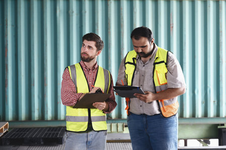 Warehouse worker in safety uniform check the stock order details and goods supplies in the workplace...
