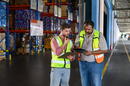 Warehouse worker in safety uniform check the stock order details and goods supplies in the workplace...