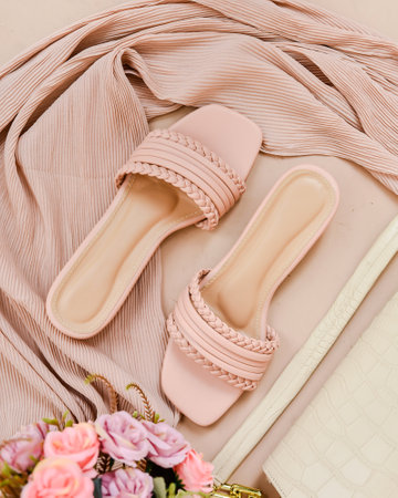 pink women's shoes on a beige background. flat layの写真素材