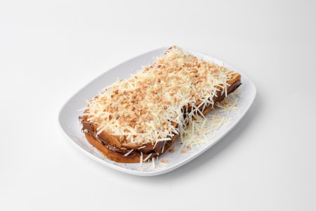 Toast with cheese and grated parmesan on white background