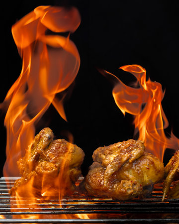Two pieces of chicken are cooking on a grill, with flames licking the top of them. Concept of excitement and anticipation, as the chicken cooks to perfectionの写真素材