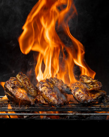 Three pieces of chicken are being cooked on a grill. The flames are high and the smoke is thickの写真素材