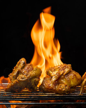 Two pieces of chicken are on a grill, with flames behind them. Concept of warmth and comfort, as the chicken is being cooked over an open flame. The flames add a sense of excitement and anticipationの写真素材