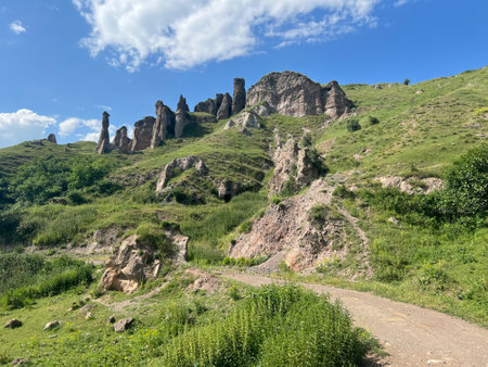 Landscape with cave dwellings in Armeniaの写真素材