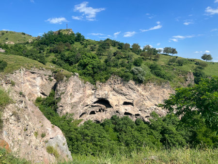 Landscape with cave dwellings in Armeniaの写真素材