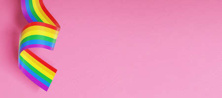 Lgbt ribbon on pink background. Homesexuality, lesbian and gay symbol. 3d rendering.の写真素材