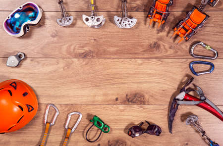Climbing adventure equipment flat lay view.