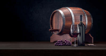 Red wine glass and bottle vintage luxury composition. Wine rustic culture with glass, bottle and...