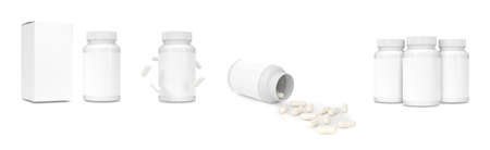 Tablets container mockup isolated on white background. Supplement bottle template. Pill,drug and vitamins  containers set.の写真素材