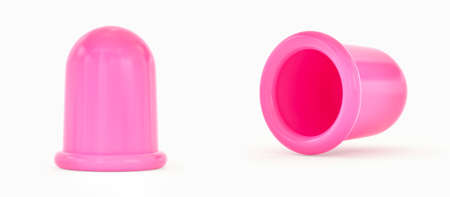 Silicone Anti-Cellulite Bubble massage tool. Pink massage anticellulite cup isolated on white background. 3D rendering. Front and side view.の写真素材