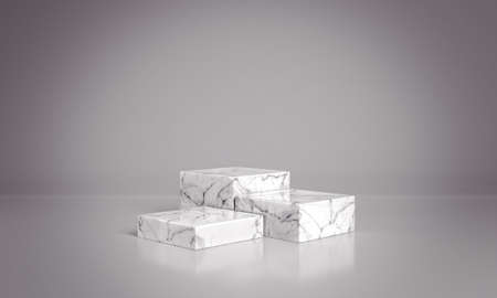 Marble podiums on grey background. Product showcase pedestals made of stone. Advertising template mockups. 3D rendering.の写真素材
