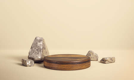 Advertising pedestal made of wood. Cylinder platform showcase on clean background with rocks. Wooden product display.  3D rendering.の写真素材