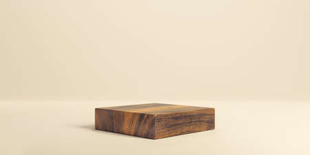 Wooden product display. Advertising pedestal made of wood. Platform showcase on clean background. 3D rendering.の写真素材