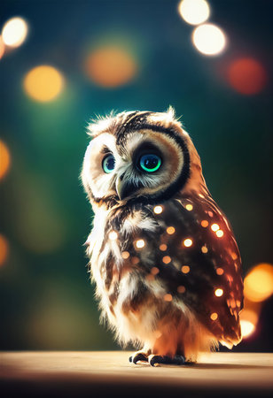 Young owl sitting on wooden table.  Cute baby owl portrait with blured background. 3の写真素材