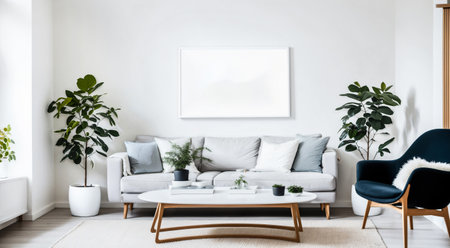 Mockup canvas frame on the wall.  Scandinavian living room with a big template of a painting picture on the wall . Simple design with natural materials and neutral colors. 3d rendering.の写真素材