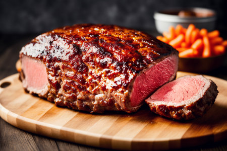 The beef steak, expertly barbecued on the grill, is now resting on a rustic wooden board, ready to...