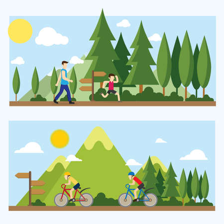 Running and riding bicycle in public park. Refreshing on the mountain. Green landscape. Illustration and flat design.のイラスト素材