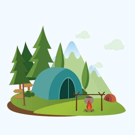 Camping in the nature with vector flat illustration.のイラスト素材