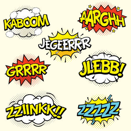 Comic sound effects set isolated in cartoon vector style. Sound bubble speech with word and comic cartoon expression sounds illustrationのイラスト素材