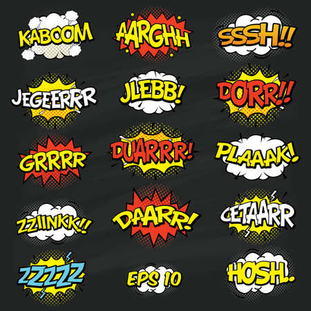 Comic sound effects set isolated in cartoon vector style. Sound bubble speech with word and comic cartoon expression sounds illustrationのイラスト素材