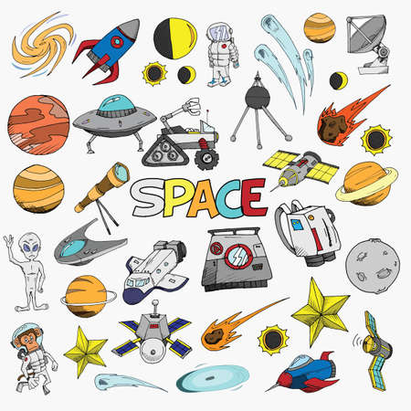 Doodle Space Objects Hand Drawn Illustrationのイラスト素材