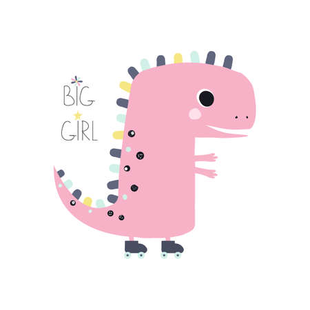 Cute pink dinosaur roller runner. Kids apparel print. Vector hand drawn illustration.のイラスト素材