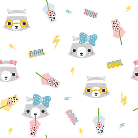Seamless pattern with raccoon and doodle elements. Kids trendy print. Vector hand drawn illustration.のイラスト素材