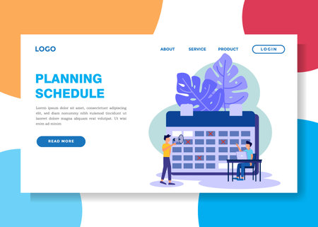 Vector illustration. character 2 business people make a schedule online on a tablet. design scheduling business graphics tasks on week - Vector - Vector.のイラスト素材