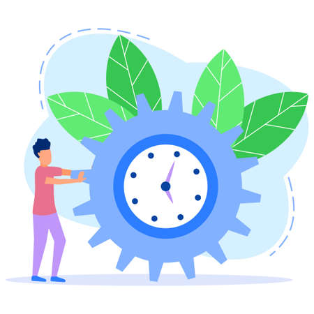 Vector illustration, set an alarm clock, time management concept, start work, work team, transfer time back.のイラスト素材