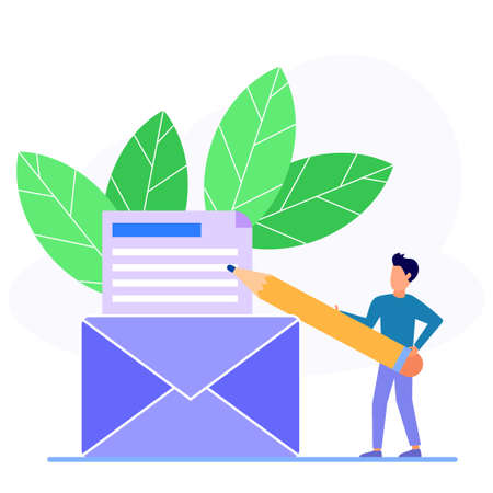Vector illustration, businessman standing next to a post box with a large letter behind, receiving letters, sorting, Web mail or mobile service layout for the website title.のイラスト素材