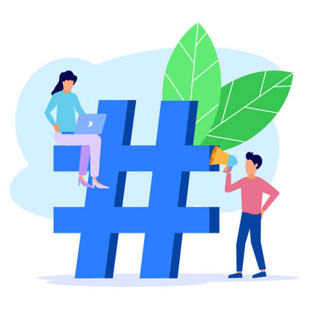 Vector illustration of modern concept, hashtag sign symbol, social media use, people giving each other support.のイラスト素材