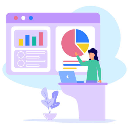 The creative entrepreneur stands near the flip chart and points to the charts and diagrams. Creative business concept. Reliable businesswoman. Modern vector illustration. Flat design.のイラスト素材