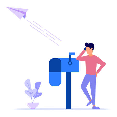Flat vector illustration, man in mailbox, sending letter, waiting for reply, web mail or mobile service layout for website header.のイラスト素材