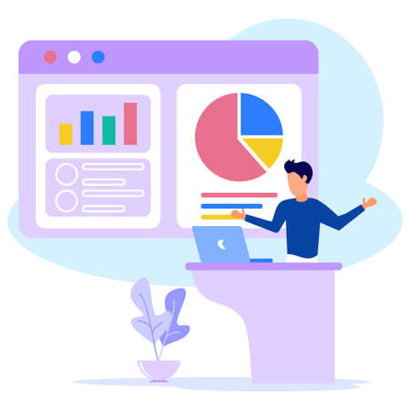 The creative entrepreneur stands near the flip chart and points to the charts and diagrams. Creative business concept. Reliable businessman. Modern vector illustration. Flat design.のイラスト素材
