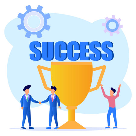 Vector illustration of success concept. The cartoon character celebrates success with a giant gold trophy. achievement, partnership, leadership. Career to success.のイラスト素材