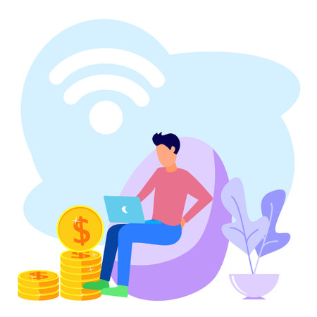Vector illustration of a business concept. Freelancer's remote work. Website maintenance, micro site development, freelance job metaphors. Work from home.のイラスト素材