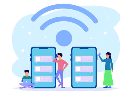 Vector illustration of a modern concept, young man with his cell phone processing messages, communication via the Internet, social media, chat, videos, news, websites, find friends, mobile web graphics - Vector.のイラスト素材