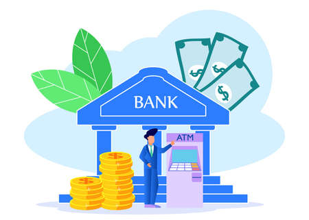 Vector illustration of business concept, bank building on blue background, saving money, money exchange, financial services, ATM, distributing money, starting a business.のイラスト素材