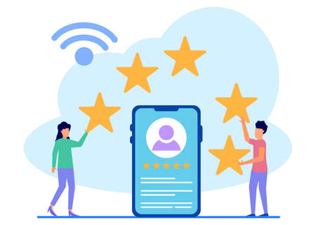 Vector illustration, young man up the stairs pressing the star menu, customer review ratings, different people giving ratings and feedback ratings, support for business satisfaction levels.のイラスト素材