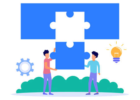 Vector illustration of a business concept. people who connect the puzzle elements. Symbol of teamwork, cooperation, partnership. Build a joint business.のイラスト素材